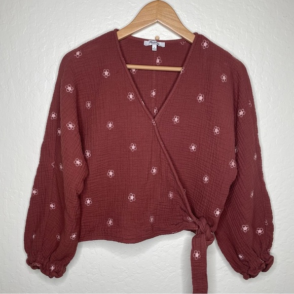 Madewell Lightspun Maira Wrap Top Blouse Size Large Cotton V Neck Rust Brown - Picture 2 of 11